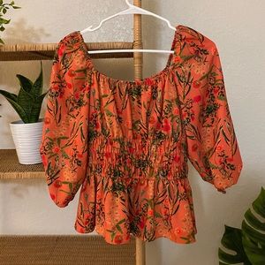 Boho Style Peach Floral Peasant Top Stretch Blouse Gianni Bini Sz Small LIKE NEW